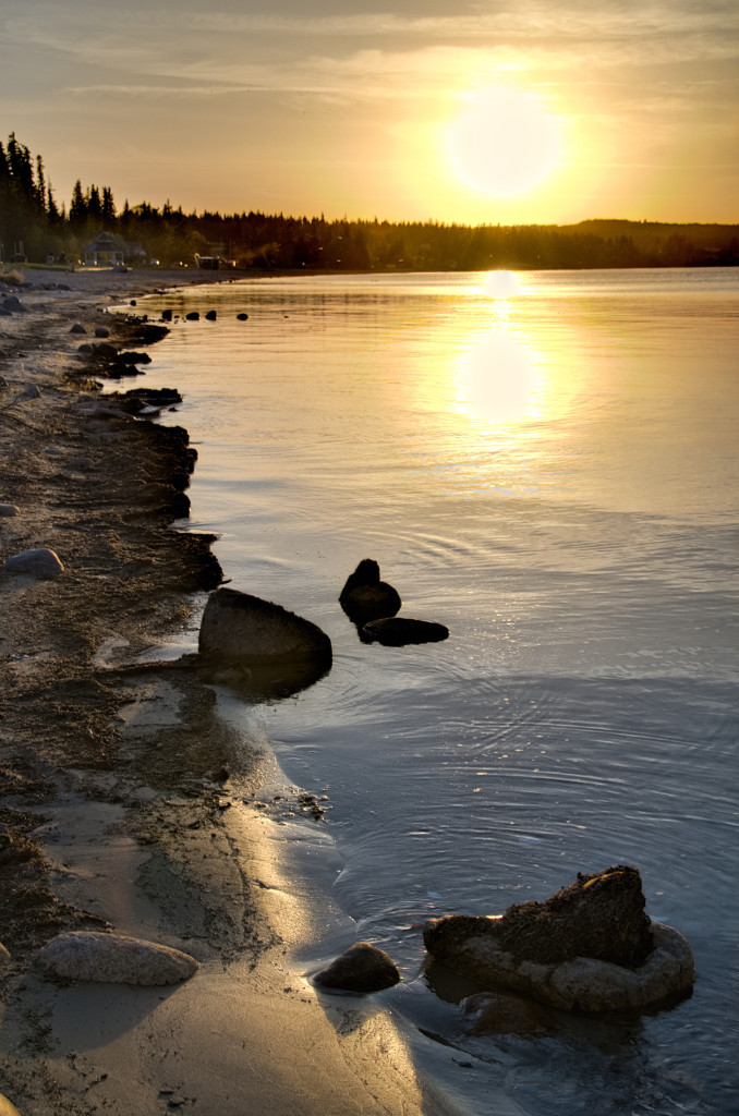 Sunset on Beach Rocks and Water